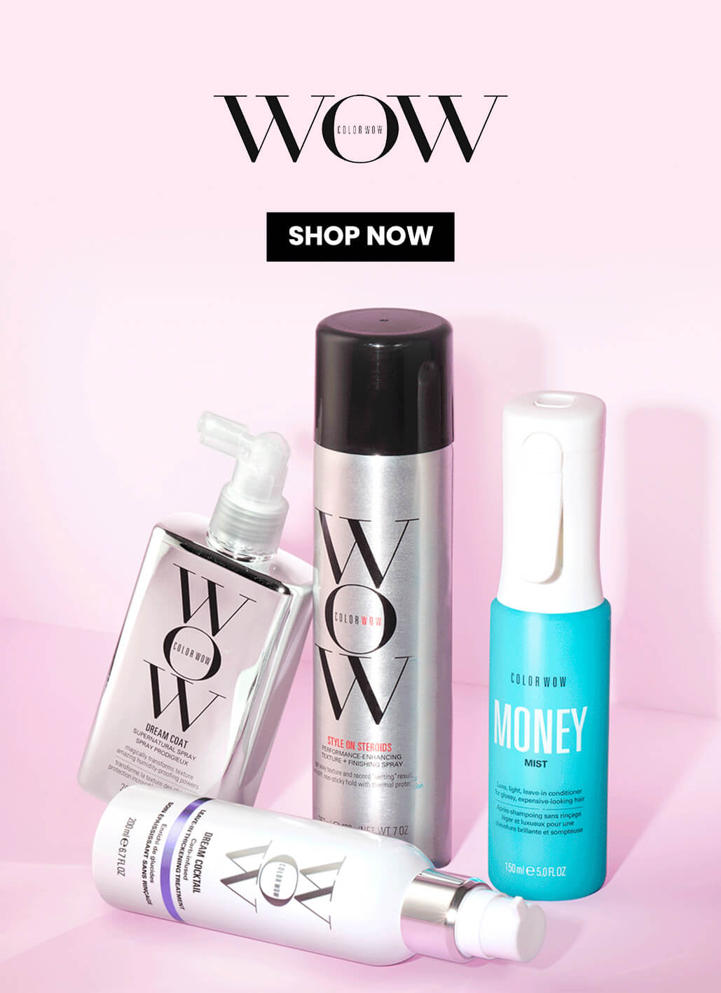 A collection of Color Wow hair care products displayed on a soft pink background. The bottles and sprays have a sleek metallic and modern design. The text 