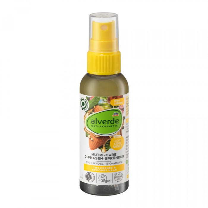 Alverde Nutri-Care 2-Phase Spray Treatment Organic Almond Organic Argan 75 Ml -Für sofortige Haarpflege -Verbessert die Kämmbarkeit -Entwirrt und bändigt das Haar spürbar -Flasche aus 100% Recycling-Material (ohne Pumpe) | Veela Beauty Alverde Nutri-Care 2-Phase Spray Treatment Organic Almond Organic Argan 75 Ml Hair Concerns Solution | Veela Beauty