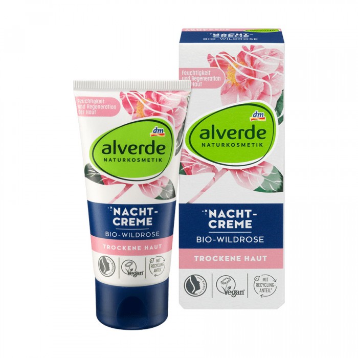 Alverde Night Cream Organic Wild Rose 50 ml -Supports the nightly regeneration process -Supports moisture regulation -Vitalizes your skin -The alverde NATURKOSMETIK night cream organic wild rose contains valuable oils fr | Veela Beauty Alverde Night Cream Organic Wild Rose 50 ml | فييلا