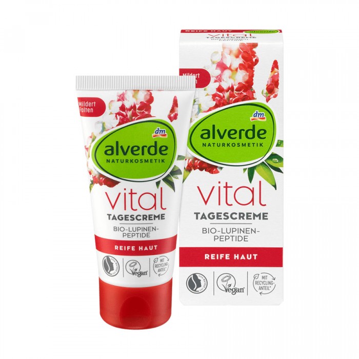 Alverde Vital Day Cream Organic Lupine Peptides 50 Ml -Provides a smoother appearance -Improvement of the skin hydration -Increase in skin elasticity and firmness -Softens wrinkles -The highly effective alverde NATURKOSM | Veela Beauty Alverde Vital Day Cream Organic Lupine Peptides 50 Ml Effective Ingredients | Veela Beauty