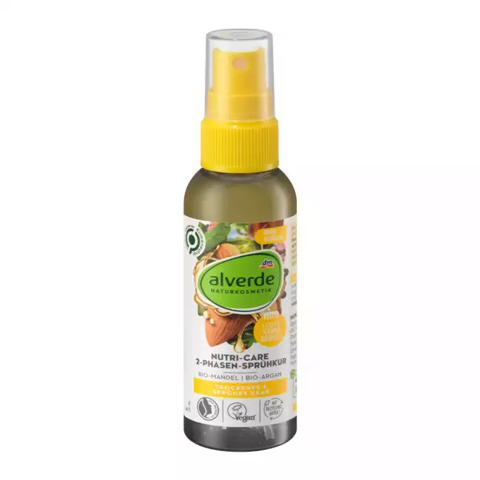 Alverde Nutri-Care 2-Phase Spray Treatment Organic Almond Organic Argan 75 Ml -Für sofortige Haarpflege -Verbessert die Kämmbarkeit -Entwirrt und bändigt das Haar spürbar -Flasche aus 100% Recycling-Material (ohne Pumpe) | Veela Beauty Alverde Nutri-Care 2-Phase Spray Treatment Organic Almond