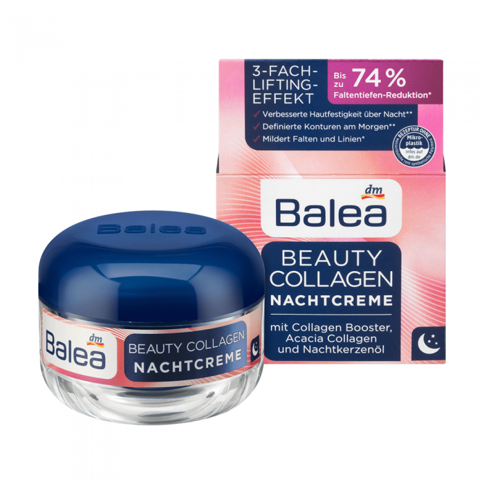 The Balea Beauty Collagen Night Cream contains valuable evening primrose and macadamia oil. These nourish the skin particularly richly and leave the skin feeling soft and supple. A collagen booster promotes the skins | Veela Beauty The Balea Beauty Collagen Night Cream contains valuable