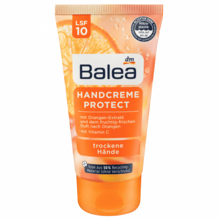 The Balea Protect Hand Cream with Vitamin C and sun protection factor 10 contains orange extract and has a fruity fresh scent of oranges. It gives the skin gentle moisture. The intensive care formula is ideal for daily h | Veela Beauty The Balea Protect Hand Cream with Vitamin C and sun