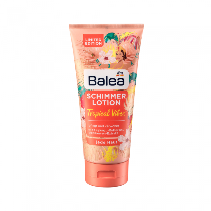 The Balea Shimmer Lotion Tropical Vibes leaves a seductive shimmer on the skin and envelops you in an exotic scent of tropical flowers. The nourishing formula with cupuaçu butter and acai berry extract pamper the skin, p | Veela Beauty The Balea Shimmer Lotion Tropical Vibes leaves a seductive