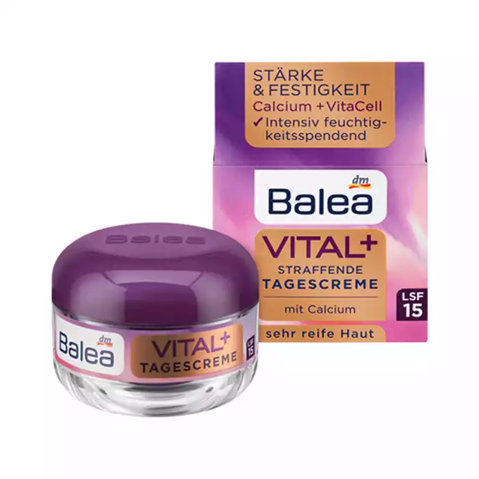 Suitable for very mature skinIntensive moisturizingStrength & firmnessLSF 15Skin compatibility dermatologically confirmedStrengthened contours and new elasticity: Balea VITAL + Firming Day Cream supplies your skin with h | Veela Beauty Suitable for very mature skinIntensive moisturizingStrength
