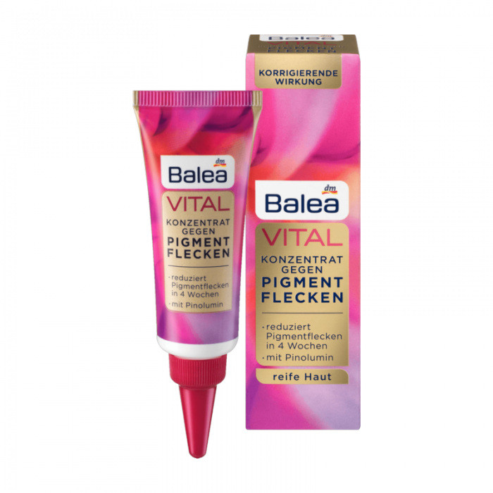 For mature skinCorrecting effectReduces pigment spots in 4 weeksWith pinoluminSolidens and tightens the skin noticeablyThe Balea VITAL concentrate against pigment spots softens pigment spots and helps to prevent the form | Veela Beauty For mature skinCorrecting effectReduces pigment spots in 4