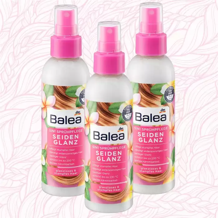 The Balea 5in1 spray care silk shine with frangipani fragrance and perfect shine complex gives your hair a silky shine and lets dull damaged hair shine. | Veela Beauty The Balea 5in1 spray care silk shine with frangipani