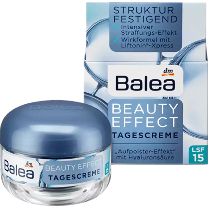 Plumping effect with hyaluronic acidStructure strengtheningIntensive tightening effectLSF 15Skin compatibility dermatologically confirmedSmooth, firm and even skin: Balea Beauty Effect Day Cream improves the complexion a | Veela Beauty Plumping effect with hyaluronic acidStructure
