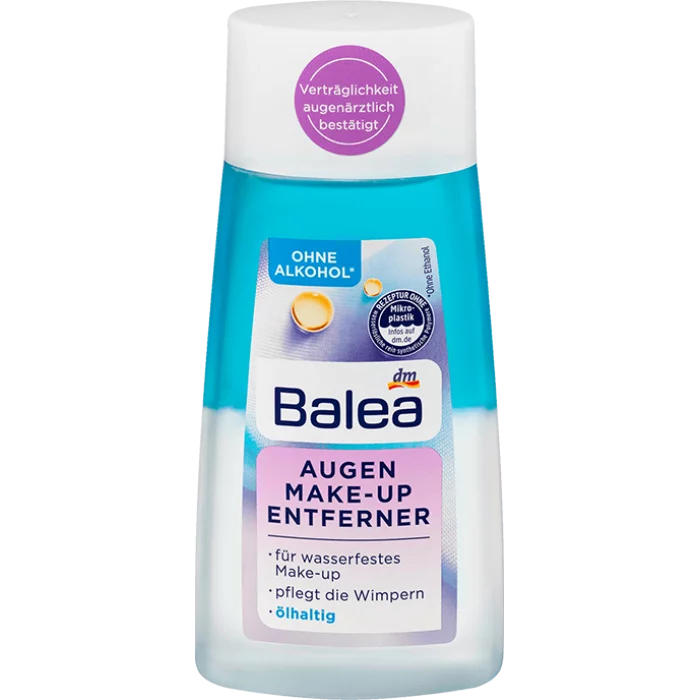 Without alcohol (without ethanol) For waterproof make-up Cares for the eyelashes Suitable for contact lens wearers The Balea 2-phase eye make-up remover was specially developed to remove waterproof eye make-up quickly an | Veela Beauty Without alcohol (without ethanol) For waterproof make-up