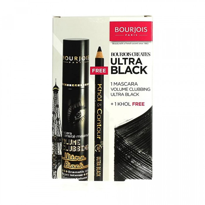 Bourjois Ultra Black Volume Clubbing Mascara - Khol Contour Pencil Duo Set. Includes: 1 x Volume Clubbing Ultra Black Mascara and 1 x Khol - Contour Ultra Black Eyeliner Pencil. Bourjois Volume Clubbing Mascara 75 Ultra | Veela Beauty Bourjois Ultra Black Volume Clubbing Mascara - Khol Contour Pencil Duo Set Eyes | Veela Beauty