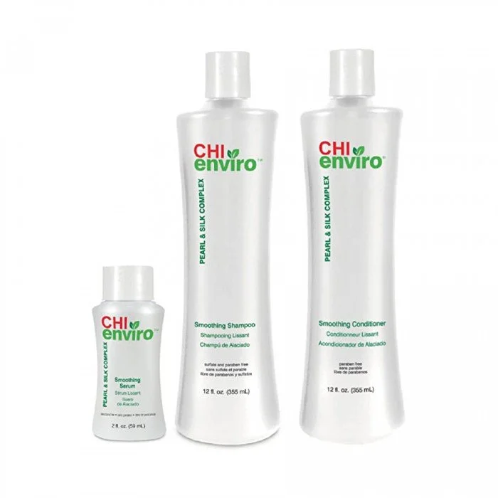 تحتوي مجموعة CHI Enviro Home Support Kit على: -1 شامبو تنعيم CHI Enviro بحجم 355 مل. -1 بلسم تنعيم CHI Enviro في 355 مل. -1- سيروم تنعيم إنفيرو من تشي إنفيرو 59 مل. | فييلا بيوتي تحتوي مجموعة CHI Enviro Home Support Kit على:
