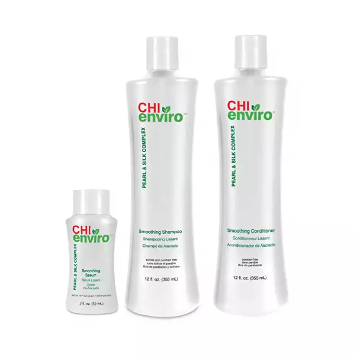 CHI Enviro Home Support Kit contains: -1 CHI Enviro Smoothing Shampoo in 355ml. -1 CHI Enviro Smoothing Conditioner in 355ml. -1 CHI Enviro Smoothing Smoothing Serum in 59ml. | Veela Beauty CHI Enviro Home Support Kit contains: -1 CHI Enviro