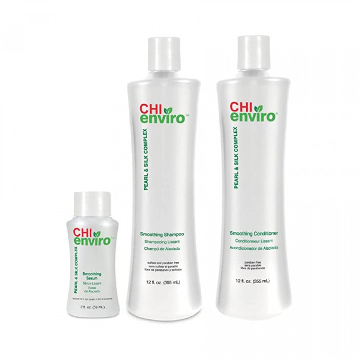 CHI Enviro Home Support Kit contains: -1 CHI Enviro Smoothing Shampoo in 355ml. -1 CHI Enviro Smoothing Conditioner in 355ml. -1 CHI Enviro Smoothing Smoothing Serum in 59ml. | Veela Beauty CHI Enviro Home Support Kit contains: -1 CHI Enviro