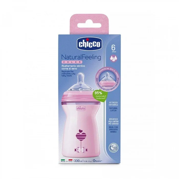Chicco Natural Feeling Rose Bottle m6+ 330mlEnsures a comfortable latch for tighter lip support.Twin anti-colic valve prevents air ingestion, reducing the risk of colic.Wide opening for quick filling and cleaning.Ext | Veela Beauty Chicco Natural Feeling Rose Bottle m6+ 330mlEnsures a