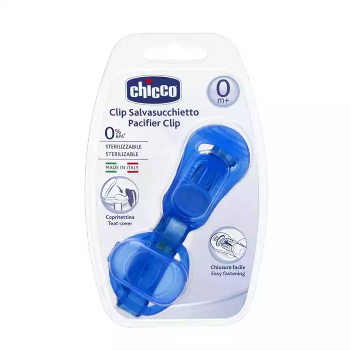 Chicco Soother Clip BlueTeat cover to always keep the teat clean everywhere.Velcro band at the extremity of the ribbon allows to attach the soother.Perfect holding without damaging the clothes.Rounded sides ensure a | Veela Beauty Chicco Soother Clip BlueTeat cover to always keep the teat