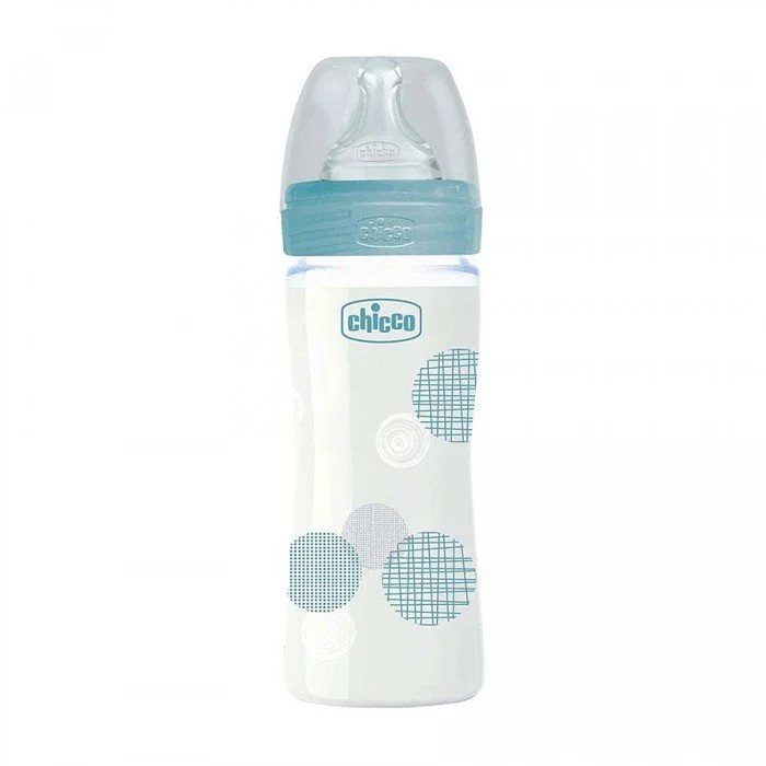 Chicco Well Being Glass Bottle Silicone Blue 240ml
Soft spout fit to babys mouth for a comfortable experience.
Encourages babys tongue wave movement and swallowing.
Slightly convex base, is specific for narrow lip supp | Veela Beauty Chicco Well Being Glass Bottle Silicone Blue 240ml
Soft