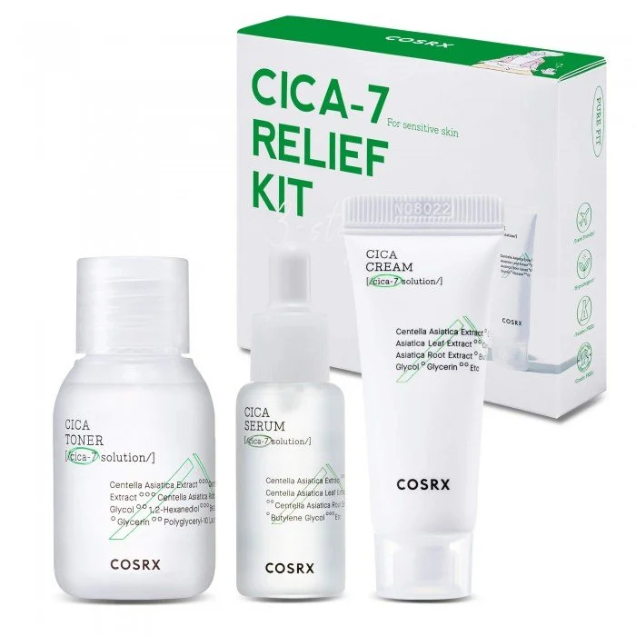 COSRX Cica 7 Relief Kit - Trial Set for Sensitive Skin Kit 3 Pcs Product DescriptionThe COSRX Cica 7 Relief Kit is a trial set COSRX Cica 7 Relief Kit - Trial Set for Sensitive Skin Kit 3 Pcs Product DescriptionThe COSRX Cica 7 Relief Kit is a trial set