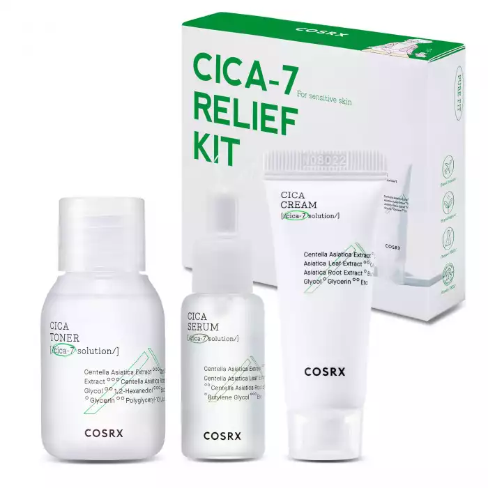 COSRX Cica 7 Relief Kit - Trial Set for Sensitive Skin Kit 3 Pcs Product DescriptionThe COSRX Cica 7 Relief Kit is a trial set COSRX Cica 7 Relief Kit - Trial Set for Sensitive Skin Kit 3 Pcs Product DescriptionThe COSRX Cica 7 Relief Kit is a trial set