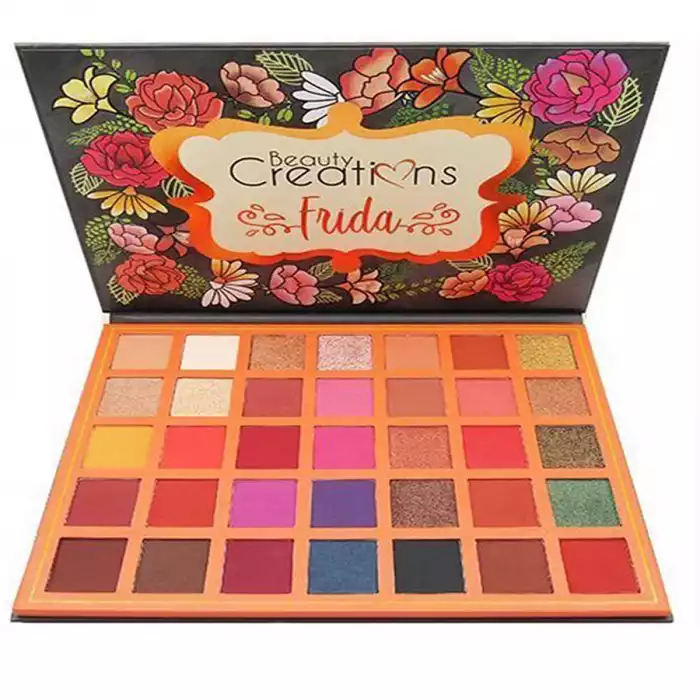 Suitable for all skin types. Contains a mix of matte and shiny colors. It has highly pigmented colors. 35 colors. Rich in culture and color. Frida is inspired by the warm tones of fall, the bold personalities, and | Veela Beauty soft texture, contains 35 different shades, is