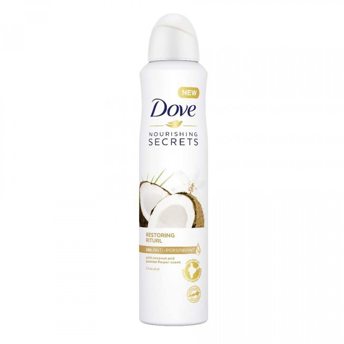 Dove Nourishing Secrets Restoring Ritual Coconut & Jasmine Flower. Anti-perspirant Aerosol combines effective sweat and odour protection with an ultimately refreshing, long-lasting scent. Dove Nourishing Secrets deodoran | Veela Beauty Dove Nourishing Secrets Restoring Ritual Coconut & Jasmine