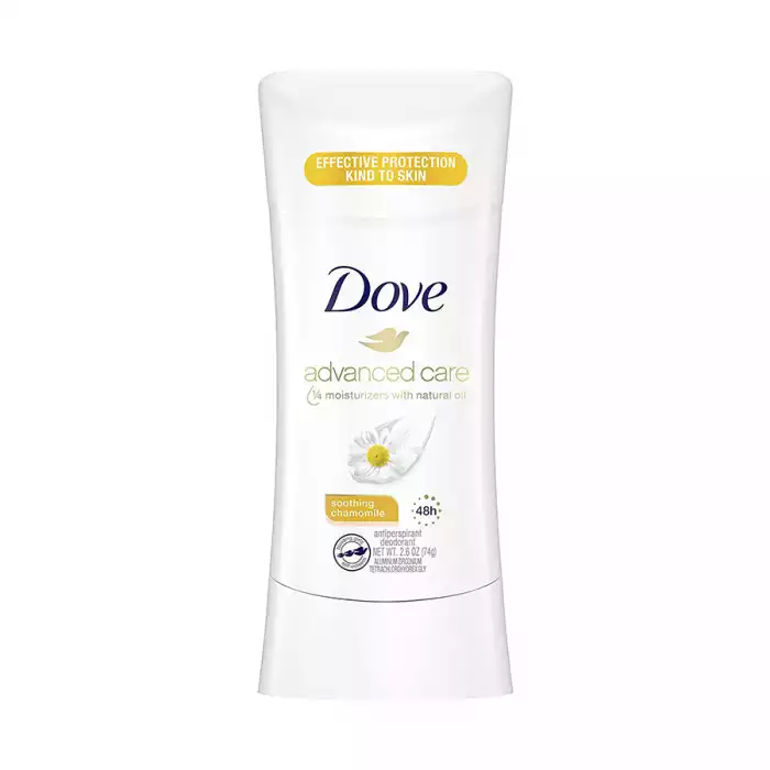 Dove Advanced Care Antiperspirant Deodorant Soothing Chamomile 2.6 oz, up to 48 hours of antiperspirant protection Underarm skin looks and feels softer with regular use Contains Dove NutriumMoisture and ¼ moisturizers So | Veela Beauty Dove Advanced Care Antiperspirant Deodorant Soothing