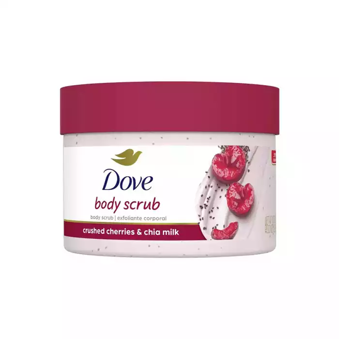 Dove Body Scrub with Crushed Cherries & Chia Milk Exfoliating body scrub that removes dull, dry skin. Dove Body Scrub with Crushed Cherries & Chia Milk Exfoliating body scrub that removes dull, dry skin.