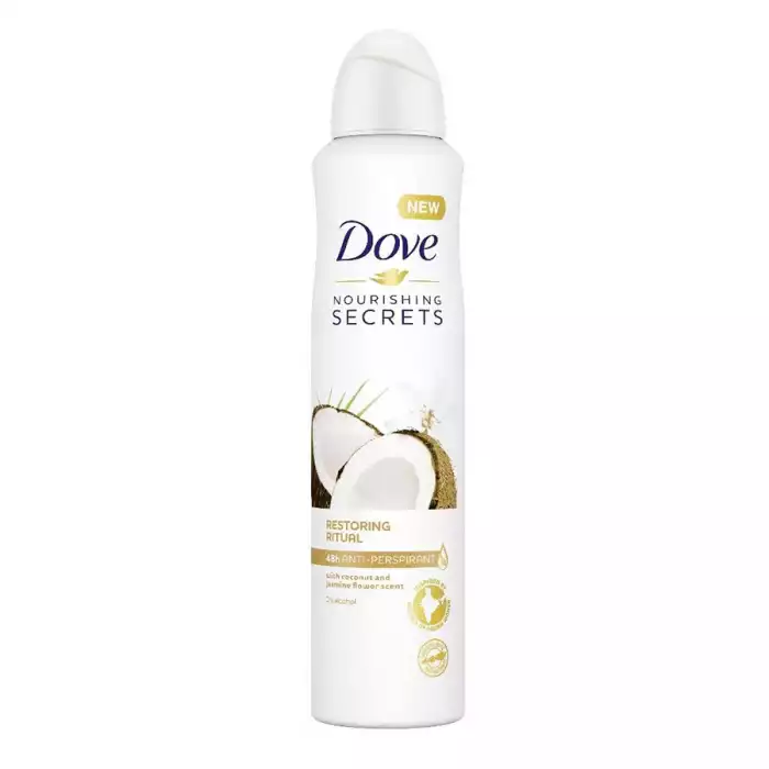 Dove Nourishing Secrets Restoring Ritual Coconut & Jasmine Flower. Anti-perspirant Aerosol combines effective sweat and odour protection with an ultimately refreshing, long-lasting scent. Dove Nourishing Secrets deodoran | Veela Beauty Dove Nourishing Secrets Restoring Ritual Coconut & Jasmine