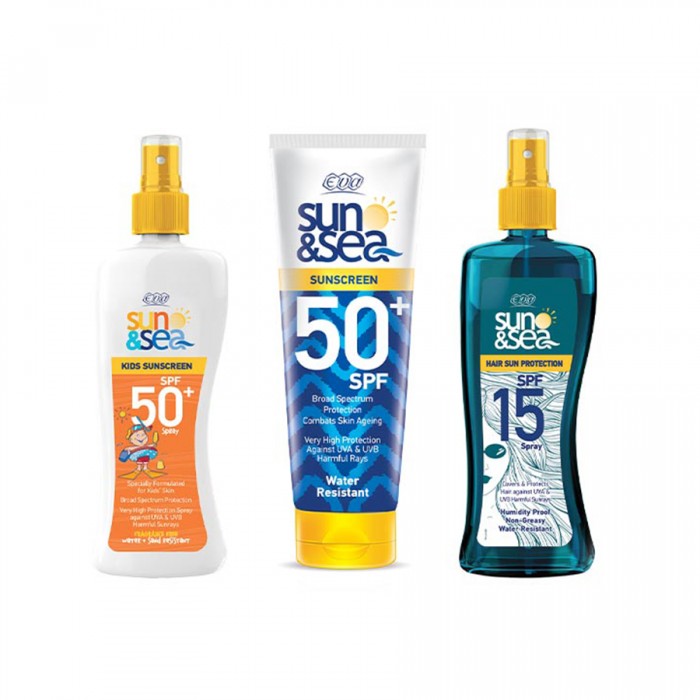 Eva Sun & Sea Beach Time Essentials 3 Set
it contains:
-Sun & Sea Sunscreen SPF 50+ 200 ml
- Sun & C for kids spf 50+ 200 ml
- Sun & C Spray to protect hair from the suns rays SPF 15 200 ml | Veela Beauty | فييلا بيوتي