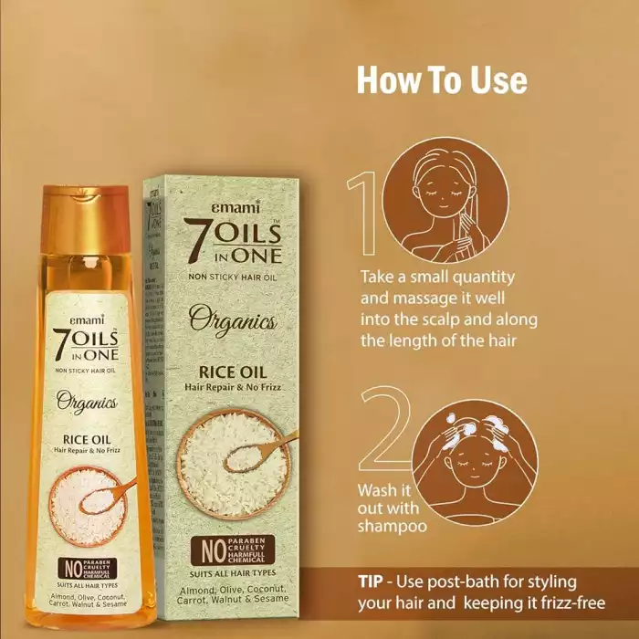 Emami 7 Oils in One Organics Rice Hair Oil is a specially Emami 7 Oils in One Organics Rice Hair Oil is a specially