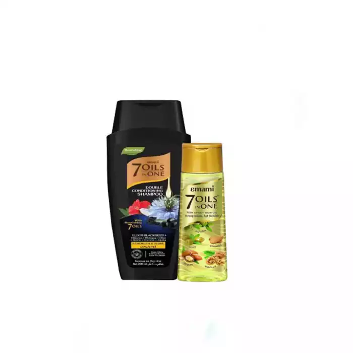 Emami 7 oils in one bundle oil 100ml + shampoo Elixer Blackseed 200ml DescriptionThe Emami 7 Oils in One Bundle combines a 100ml Emami 7 oils in one bundle oil 100ml + shampoo Elixer Blackseed 200ml DescriptionThe Emami 7 Oils in One Bundle combines a 100ml