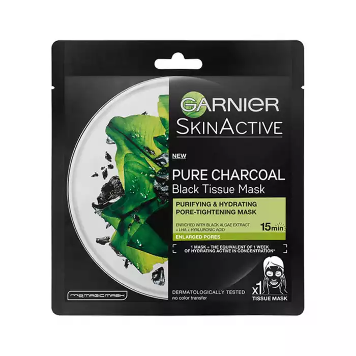 Garnier SkinActives Charcoal and Algae Hydrating and Purifying Tissue Mask infused with a serum enriched with Algae, Hyaluronic Acid for skin that feels purified, comforted and looks mattified all in just 15 minutes. 1 | Veela Beauty Garnier SkinActives Charcoal and Algae Hydrating and