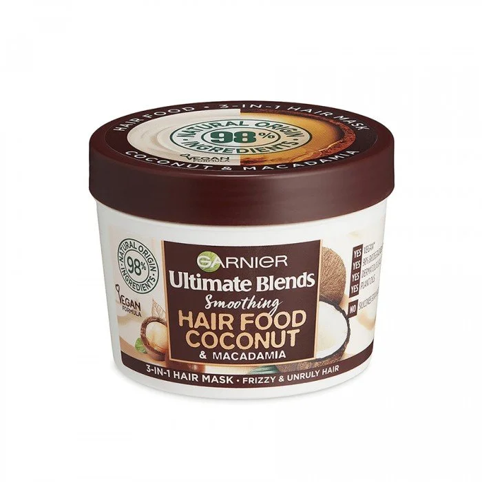 Dive into the Garnier Ultimate Blends Coconut Hair Food Hair Mask to nourish and hydrate frizzy hair. Our intensive 3-in-1 treatment for curly and frizzy hair can be used in three different ways: a mask, hair mask or lea | فييلا بيوتي Dive into the Garnier Ultimate Blends Coconut Hair Food