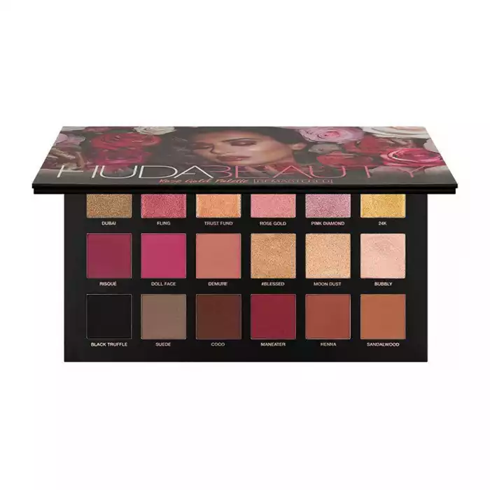 Huda Beauty Rose Gold Remastered eyeshadow palette -Introducing Huda Beautys Rose Gold Remastered Eyeshadow Palette, a new version of Hudas famous first edition. -This collection is inspired by the basic colors that | Veela Beauty Huda Beauty Rose Gold Remastered eyeshadow palette |
