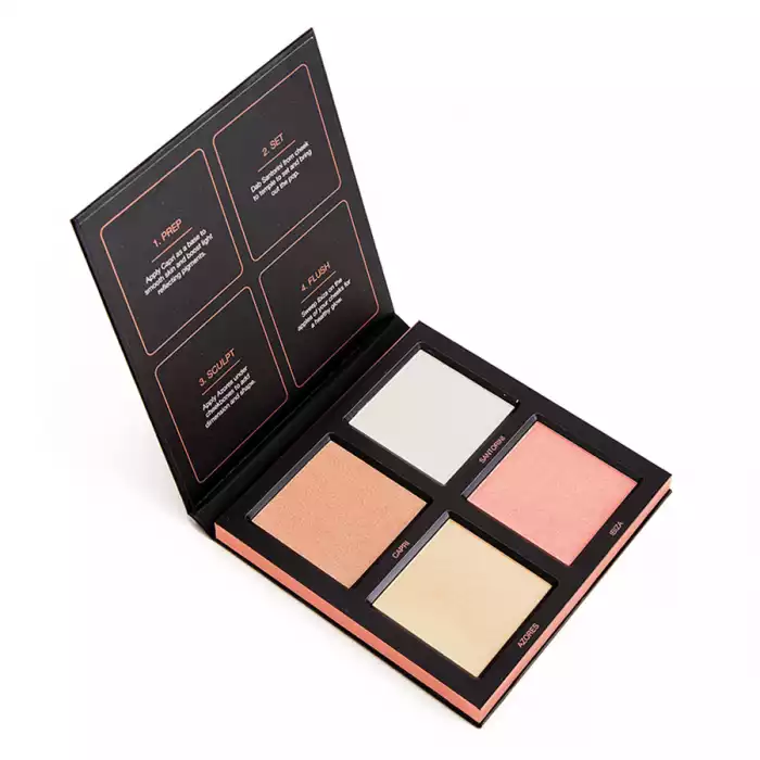 Huda Beauty Ruby Obsessions Eye Shadow Palette -A highlighter palette with two different textures: a pearlescent creamy shade and three light-catching pressed pearl hues. -Inspired by Huda Kattan’s hack of layering oil | Veela Beauty | فييلا بيوتي