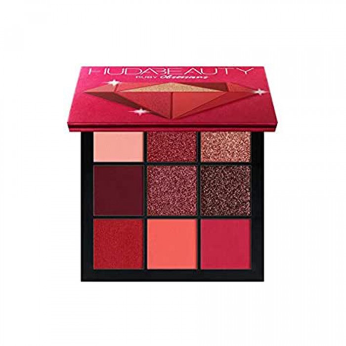Huda Beauty Ruby Obsessions Eye Shadow Palette -Blendable texture -Nine Pigmented Shades: 5 duo-chrome and 4 matte shades in striking scarlet and raspberry tones -Blend the shadows using darker shades in the crease, and | Veela Beauty Huda Beauty Ruby Obsessions Eye Shadow Palette Eyes | Veela Beauty