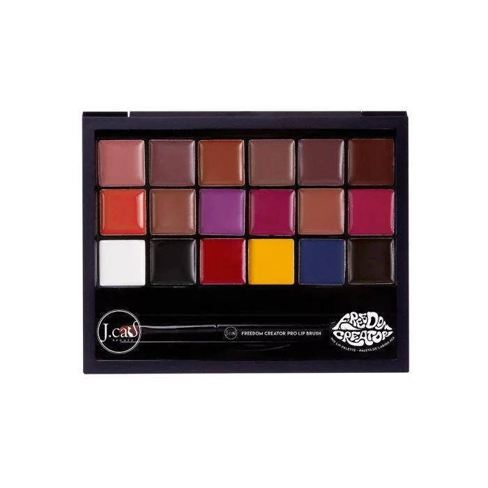 J.cat Beauty Freedom Creation Mix Lip Palette FC101: includes 18 shades and a dual-ended lip brush with a spatula. You can wear a single lip shade alone or create your own lip shade by mixing two or more lip shades. | Veela Beauty Its creamy texture, contains 18 different shades, is