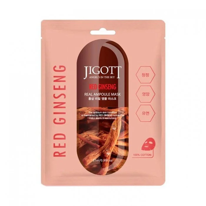 Jigott Red Ginseng Real Ampoule Mask 27ml Product Description: A 100% cotton facial mask infused with red ginseng extract that Jigott Red Ginseng Real Ampoule Mask 27ml Product Description: A 100% cotton facial mask infused with red ginseng extract that