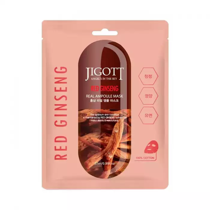 Jigott Red Ginseng Real Ampoule Mask 27ml Product Description: A 100% cotton facial mask infused with red ginseng extract that Jigott Red Ginseng Real Ampoule Mask 27ml Product Description: A 100% cotton facial mask infused with red ginseng extract that