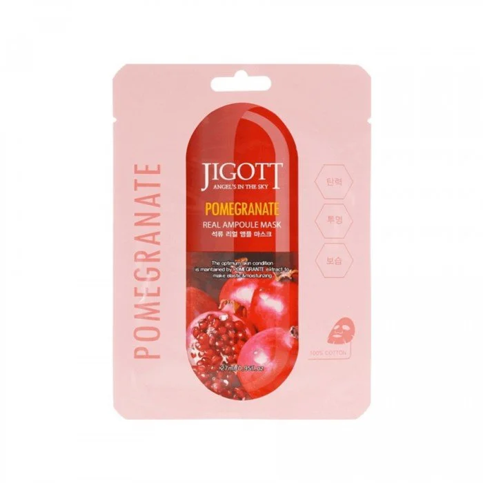 Jigott Pomegranate Real Ampoule Mask 27ml الوصف: قناع وجه قطني مُعزز بمستخلص الرمان الذي Jigott Pomegranate Real Ampoule Mask 27ml الوصف: قناع وجه قطني مُعزز بمستخلص الرمان الذي