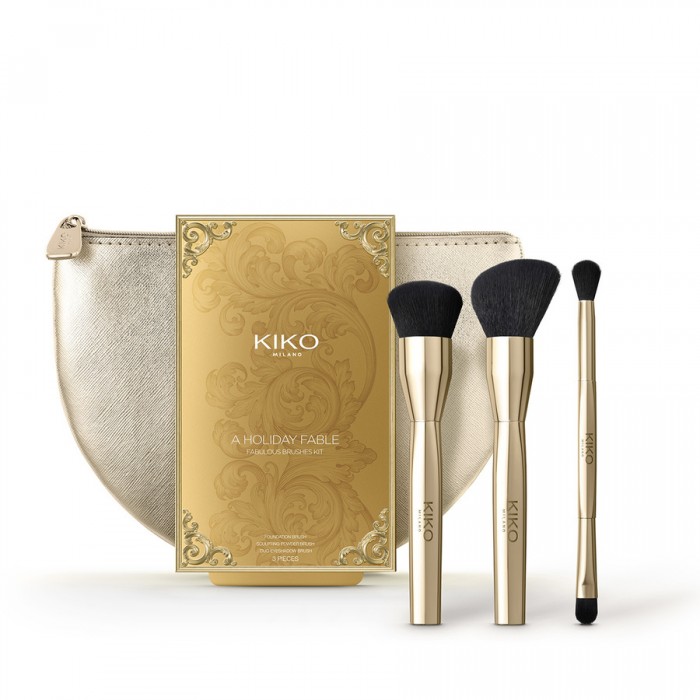 Kiko A Holiday Fable Fabulous Brushes Kit Kit of 3 make-up brushes with synthetic bristles, inside a stylish pouch. The kit contains: - N.1 Foundation brush - N.1 Angled brush for face powders - N.1 Dual-ended eyeshadow | Veela Beauty Kiko A Holiday Fable Fabulous Brushes Kit Kit of 3 make-up brushes with synthetic bristles, inside a stylish pouch. The kit contains: - N.1 Foundation brush - N.1 Angled brush for face powders - N.1 Dual-ended eyeshadow | Veela Beauty