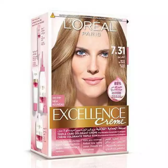 LOreal Excellence Creme 7.31 Beige Blonde Excellence Creme is the leading protection hair color infused with its triple care formula, an advanced technology concentrating 3 powerful ingredients that strengthens your hai | Veela Beauty LOreal Excellence Creme 7 | فييلا بيوتي