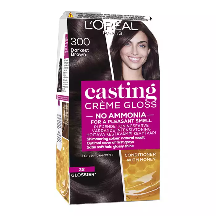 LOreal Paris Casting Creme Gloss 300 Dark Brown Haircolor
Achieve natural-looking colour with visible shimmering tones using Casting Crème Gloss. The no-ammonia crème formula blends away grey hair, and provides a lusci | Veela Beauty LOreal Paris Casting Creme Gloss 300 Dark Brown