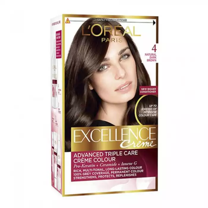 LOreal Paris Excellence Creme 4.0 Brown
Triple Care Colour Ritual Hair Dye by Excellence
Cares for your colour. Cares for your scalp. Cares for your hair.
Caring Colouring Cream.
Enriched with Pro-Keratin. Protects the | Veela Beauty LOreal Paris Excellence Creme 4 | فييلا بيوتي