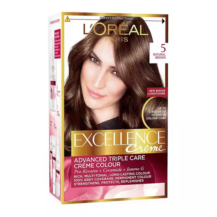 LOreal Paris Excellence Creme 5 Light Brown
Triple Care Colour Ritual Hair Dye by Excellence
Cares for your colour. Cares for your scalp. Cares for your hair.
Caring Colouring Cream.
Enriched with Pro-Keratin. Protects | Veela Beauty LOreal Paris Excellence Creme 5 Light Brown
Triple Care