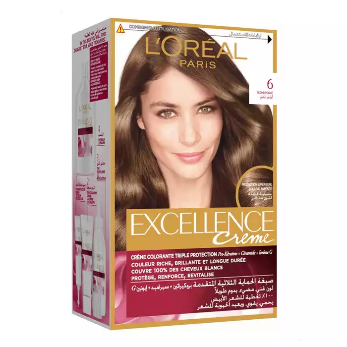 LOreal Paris Excellence Creme 6 Dark BlondeTriple Care Colour Ritual Hair Dye by ExcellenceCares for your colour. Cares for your scalp.Cares for your hair.Caring Colouring Cream.Enriched with Pro-Keratin. Protect | Veela Beauty LOreal Paris Excellence Creme 6 Dark BlondeTriple Care