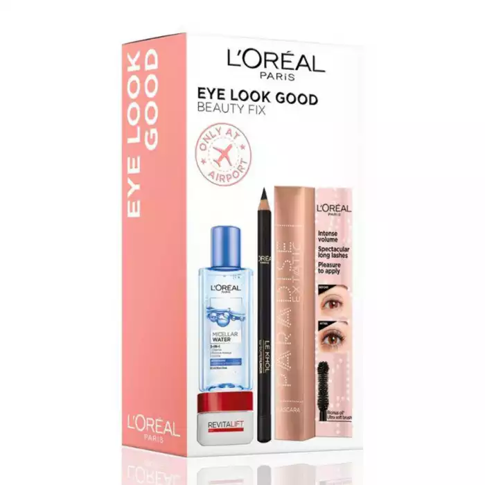 LOreal Paris Eye look Good Beauty Fix Makeup Set 4 in 1
Everything you need to keep your eyes looking their absolute best with this makeup set from LOreal:
Micellar Water Makeup Remover 95ml.
Revitalift Eye Cream 15ml | Veela Beauty LOreal Paris Eye look Good Beauty Fix Makeup Set 4 in