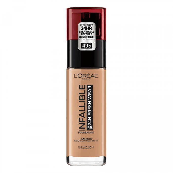 LOreal Paris Foundation Infallible Fresh Wear 495 30ml
Available in many shades.
Stays on and feels fresh from day to night.
High coverage foundation that hides the appearance of fatigue and blemishes.
Designed to last | Veela Beauty LOreal Paris Foundation Infallible Fresh Wear 495