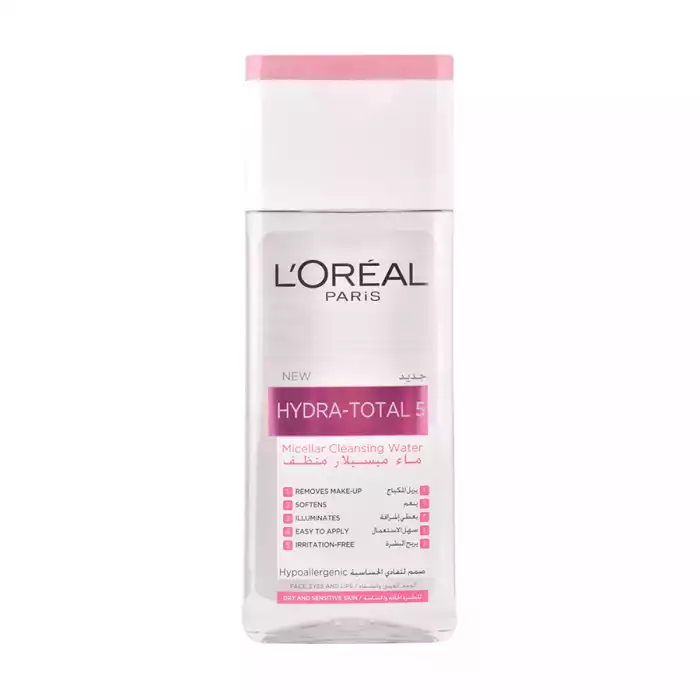 LOreal Paris Micellar Cleansing water Hydra Total 5 200ml
Dissolves makeup, unclogs pores and removes impurities, tones and soothes skin.
Suitable for sensitive skin. Innovations & Ingredients Feels gentle as wa | Veela Beauty LOreal Paris Micellar Cleansing water Hydra Total 5