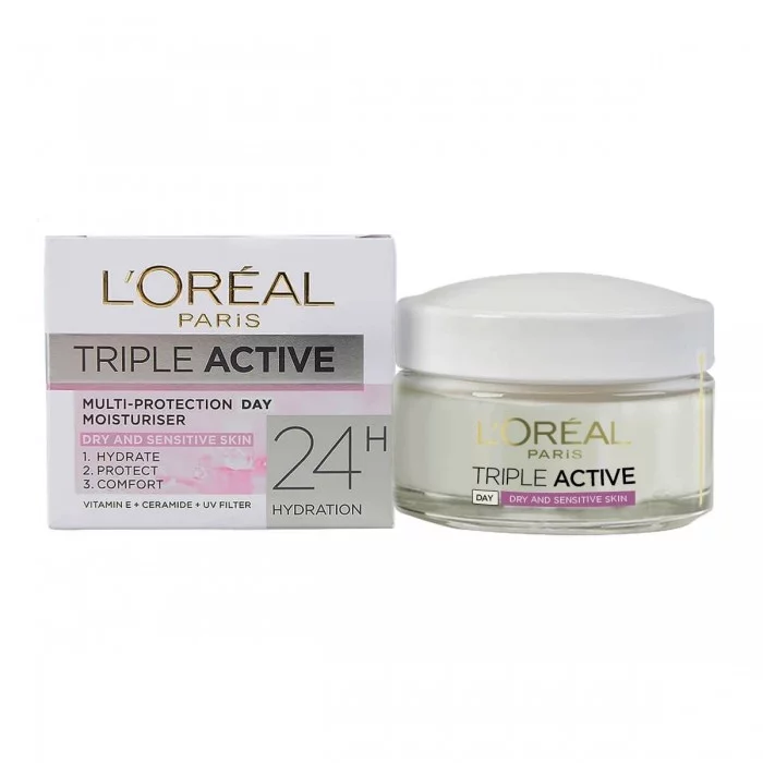 Hydrate and protect your skin with LOréal Paris Triple Active day cream for dry and sensitive skin. This daily moisturizer offers long-lasting hydration and improves the skins ability to retain water. Enriched with vit | Veela Beauty Hydrate and protect your skin with LOréal Paris Triple