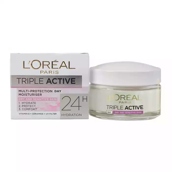 Hydrate and protect your skin with LOréal Paris Triple Active day cream for dry and sensitive skin. This daily moisturizer offers long-lasting hydration and improves the skins ability to retain water. Enriched with vit | Veela Beauty Hydrate and protect your skin with LOréal Paris Triple